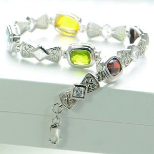 925 Sterling Silver Multi Color CZ Link Bracelet